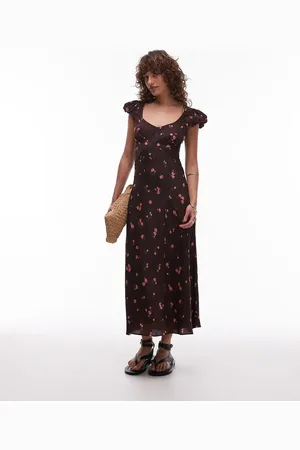 MANGO Vestido midi con estampado floral y cuello ancho de