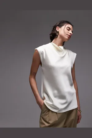 MANGO Top marfil con mangas de casquillo y cuello drapeado de satén de