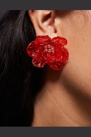 Kaiia Pendientes de botón rojos extragrandes con diseño de flor de resina de