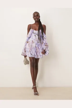 ASOS Vestido corto escalonado con estampado , escote Bardot drapeado e insertos de encaje de -Multicolor