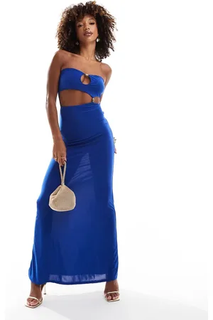 ASOS Vestido largo azul cobalto con escote palabra de honor y detalle de cuentas doradas de