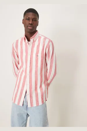 GANT Camisa a rayas rojo ladrillo con logo de escudo de algodón y lino de