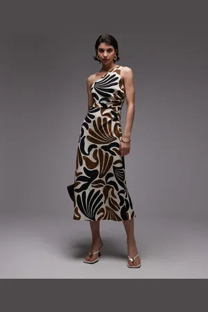 MANGO Vestido semilargo asimétrico con estampado abstracto de hoja de