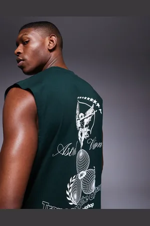 ASOS Camiseta verde oscuro sin mangas extragrande con estampados en pecho y espalda de -Neutro