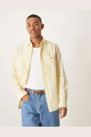 GANT Camisa amarilla a rayas con logo de escudo de lino y algodón de