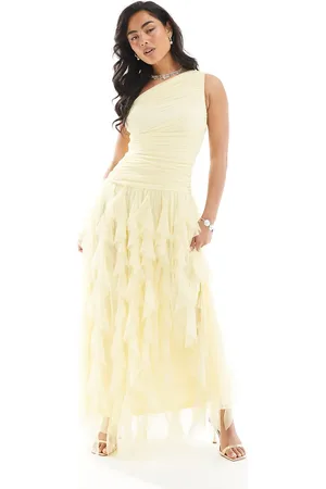 Lace & Beads Vestido de dama de honor largo amarillo pastel pálido asimétrico con volantes efecto cascada de -Azul