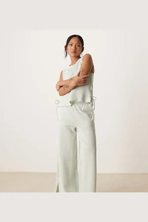 VILA Pantalones a rayas verdes y color crema de pernera ancha de tejido texturizado de (parte de un conjunto)