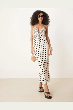 ASOS Vestido midi con estampado de , lazada delantera y volantes en el pecho de -Multicolor