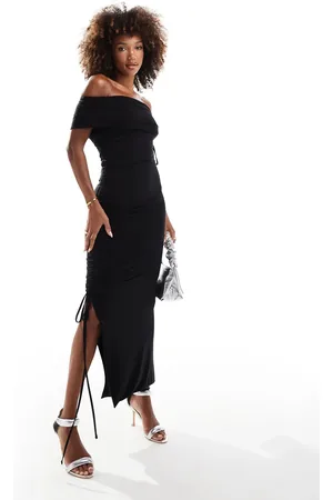 Kaiia Vestido largo ceñido con escote Bardot plegado y diseño de doble capa de