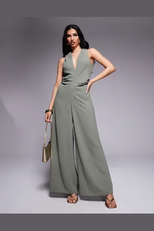 ASOS Mono largo con cuello de pico y detalle de frunces en la cintura de -Multicolor