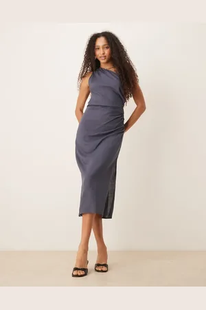 MANGO Vestido azul empolvado asimétrico con lateral fruncido de mezcla de lino de
