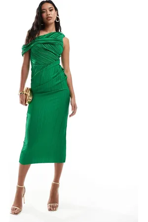 ASOS Vestido midi plisado con hombro caído y detalle retorcido de