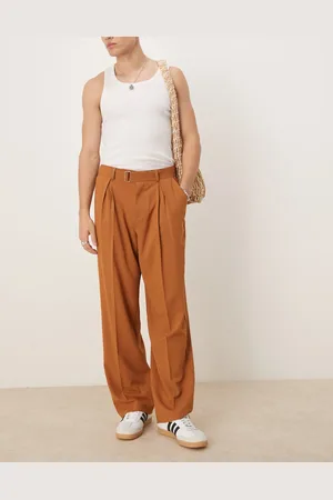 ASOS Pantalones de vestir color óxido de pernera ancha con cinturón y pinzas de tejido efecto lino de -Naranja