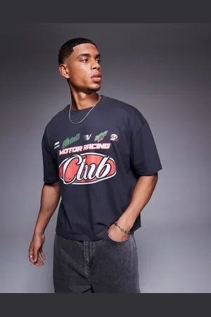 ASOS Camiseta gris carbón de corte cuadrado extragrande con estampado gráfico deportivo de
