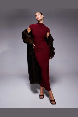 Kaiia Vestido largo ajustado y ceñido con cuello alto, diseño de doble capa y mangas de casquillo exclusivo de -Rojo