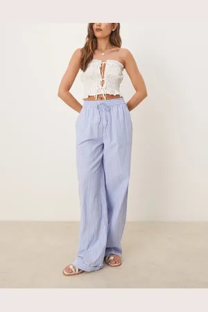VILA Pantalones dad azules a rayas de pernera ancha y talle alto con bajos vueltos de