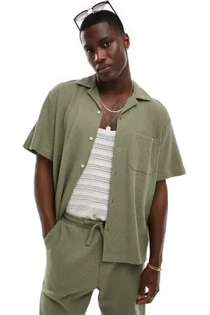 SELECTED Camisa caqui de corte cuadrado con cuello de solapas de punto de arroz de (parte de un conjunto)-Verde