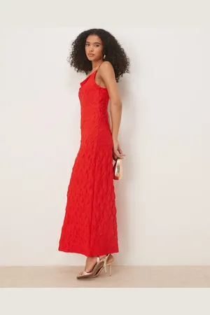 VILA Vestido largo rojo intenso de tirantes de tejido texturizado de punto liso de