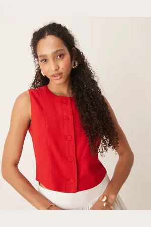 Abercrombie & Fitch Top corto sin mangas con cuello subido de lino de