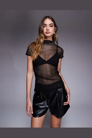 Missyempire Top con laterales fruncidos y manga de casquillo de malla transparente de Missy Empire