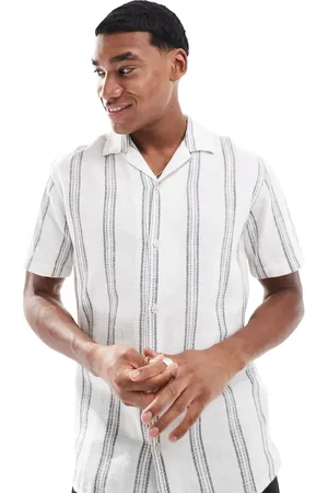 JJ Camisa blanca a rayas de manga corta con cuello de solapas de tejido texturizado de -Blanco