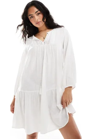 ONLY Vestido midi blanco estilo túnica con detalle de croché de