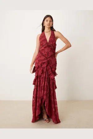 ASOS Vestido largo con bajo asimétrico, cuello halter y patrón de jacquard devoré de