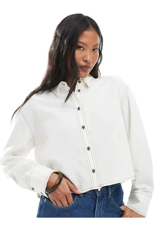ONLY Camisa corta blanca con costuras en contraste de mezcla de lino de