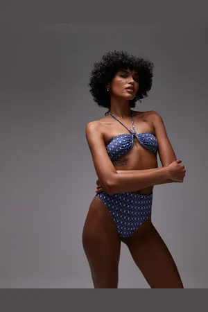 ARKET Top de bikini azul con aros, estampado blanco, escote palabra de honor y tirantes halter extraíbles Mix & Match de -Multicolor
