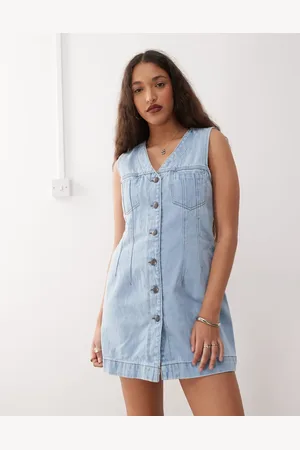 Noisy May Vestido corto vaquero con diseño estilo chaleco y lavado azul claro de