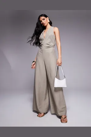 ASOS Mono largo a rayas con cuello de pico y detalle de frunces en la cintura de -Gris