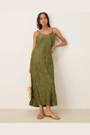 VILA Vestido lencero largo verde oliva plisado de tirantes de
