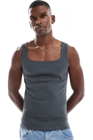 ASOS Camiseta gris carbón ajustada sin mangas de canalé de