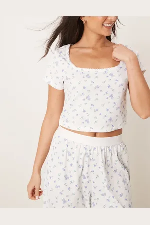ASOS Camiseta de pijama entallada con azules y ribete de puntilla Mix & Match de -Blanco
