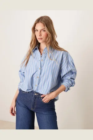 Free People Camisa azul a rayas extragrande de estilo universitario de