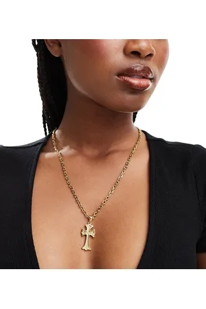 Neck On The Line Collar largo con colgante de cruz de acero inoxidable chapado en oro de