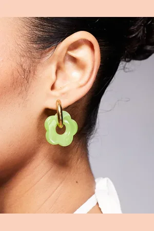 Kaiia Pendientes de aro pequeños dorados con detalle floral verde de resina de -Multicolor