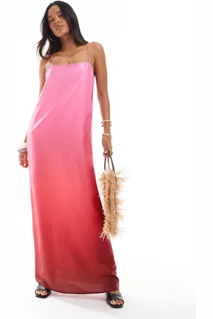 VERO MODA Vestido lencero largo rosa y rojo degradado de tirantes con cuello cuadrado de satén de