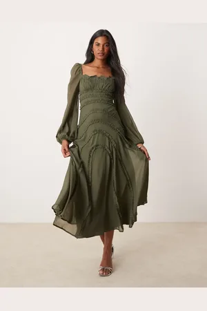 ASOS Vestido midi de manga larga con detalle de volantes de chifón de -Verde