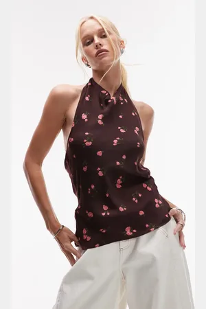 MANGO Top color con cuello drapeado, espalda al aire y estampado floral de satén de -Marrón