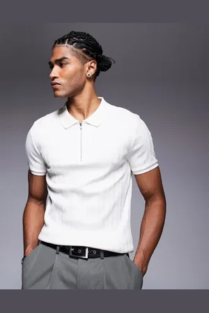 ASOS Polo color crema ajustado con cremallera de canalé texturizado de -Blanco