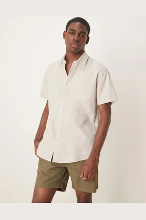 SELECTED Camisa color crema de manga larga con cuello mao de mezcla de lino de -Blanco