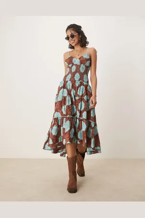 Free People Vestido por la rodilla marrón nuez moscada de tirantes con estampado floral Adriel de