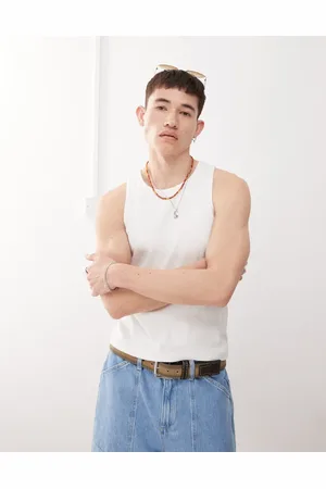 Reclaimed Camiseta blanca sin mangas con cuello de nadadora de canalé de