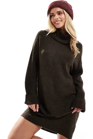 VERO MODA Vestido corto marrón chocolate con cuello vuelto de punto de