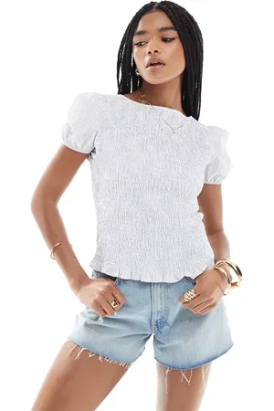 ASOS Blusa azul a rayas fruncida con mangas abullonadas de -Multicolor