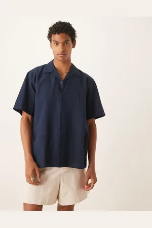 SELECTED Camisa azul marino con cuello de solapas de mezcla de lino de