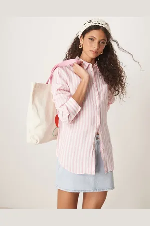 GANT Camisa rosa a rayas de corte holgado con logo de lino de