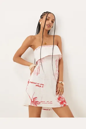 ASOS Vestido corto rojo con estampado floral y escote palabra de honor plegado de -Multicolor