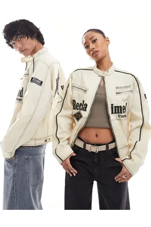 Reclaimed Chaqueta blanco hueso entallada unisex de estilo motocross con bordados y parches del logo de